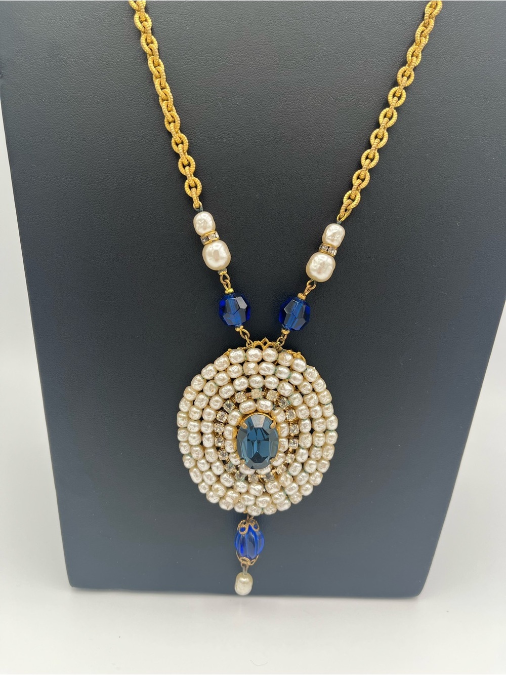 Signed Miriam Haskell Blue Rhinestone Pearl Filigree Pendant Necklace 28″ - Picture 2 of 7